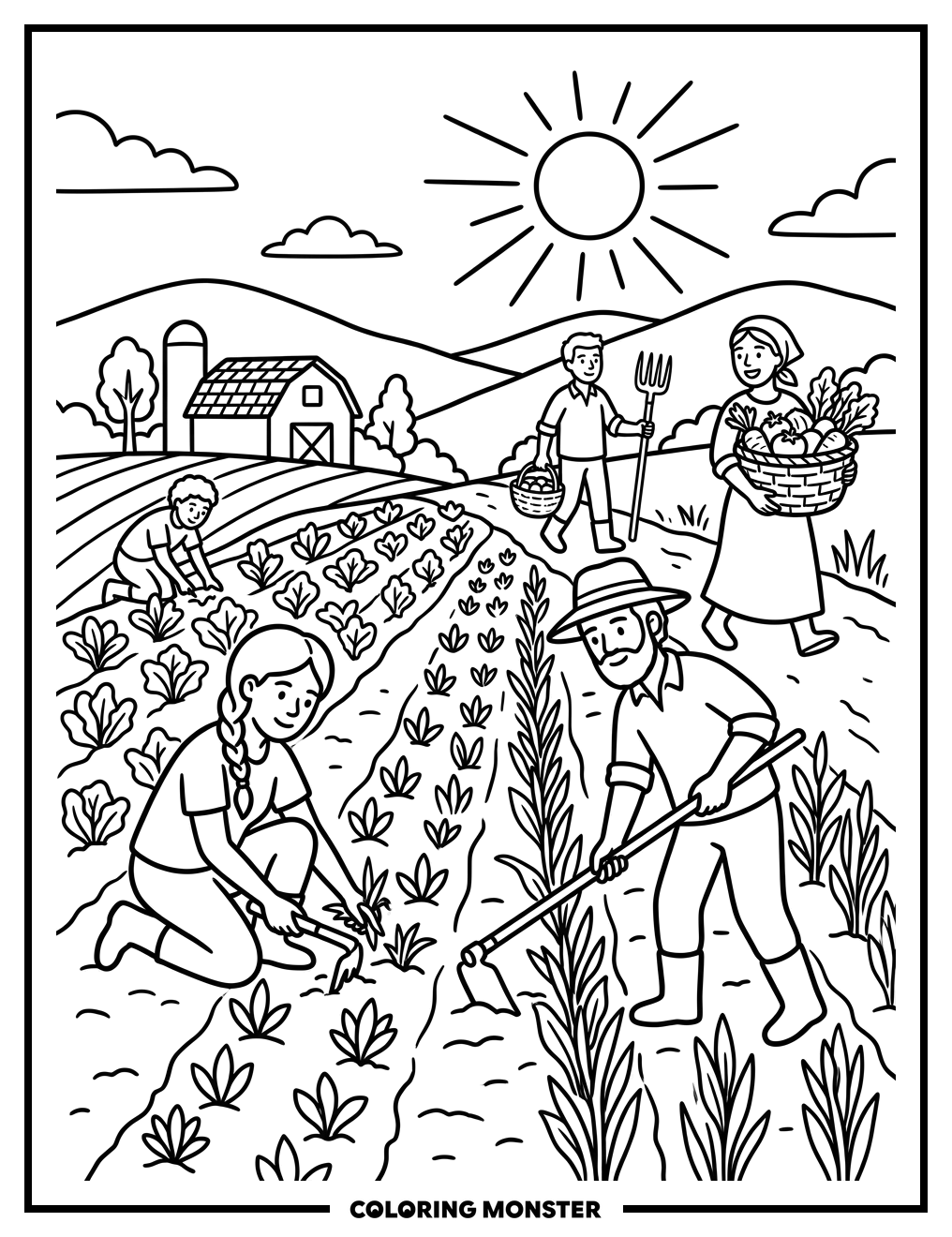 Diverse Farmers Working In Sunny Fields Coloring Page
