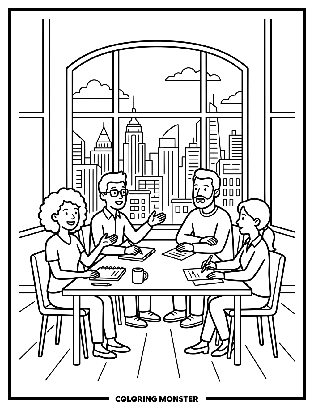 Diverse Team Meeting at Conference Table Coloring Page