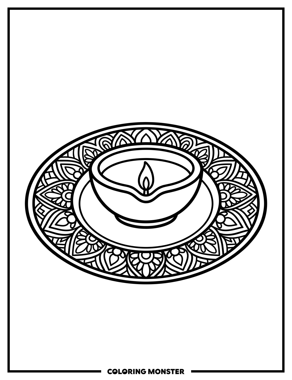 Diya Lamp on Decorative Plate Coloring Page