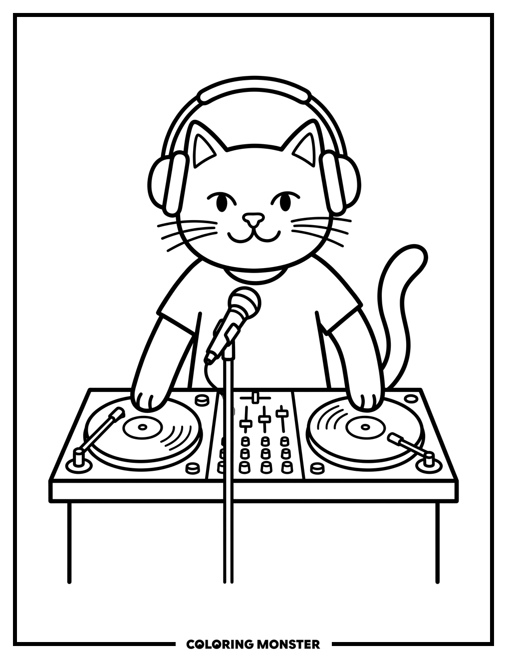 DJ Cat With Headphones Coloring Page