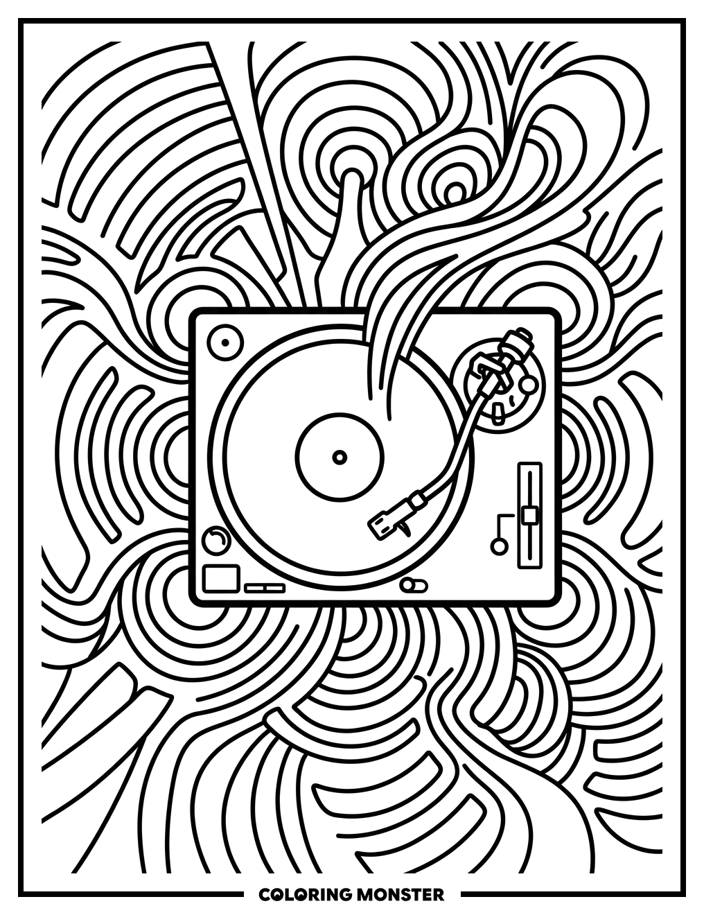 DJ Turntable With Sound Waves Coloring Page