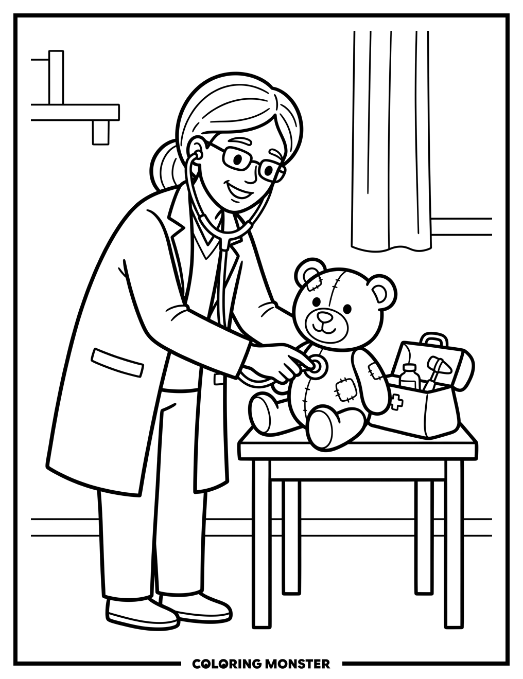 Doctor Cares for Teddy Bear Coloring Page