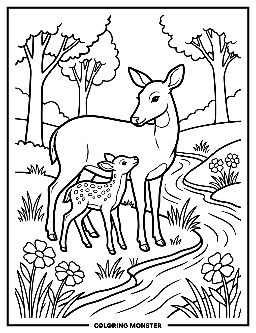 Doe and Fawn by a Stream Coloring Page