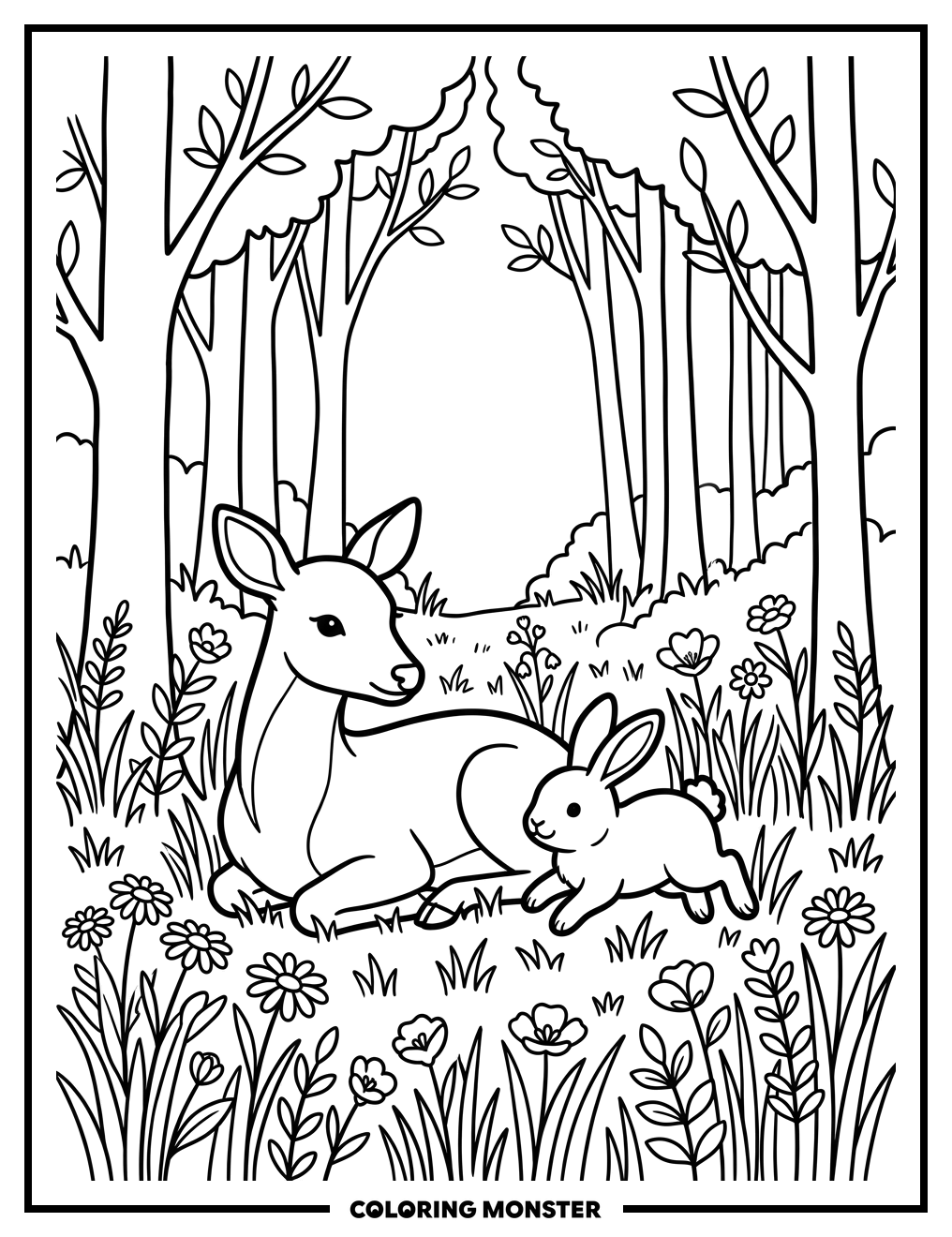 Doe and Rabbit in Meadow Coloring Page