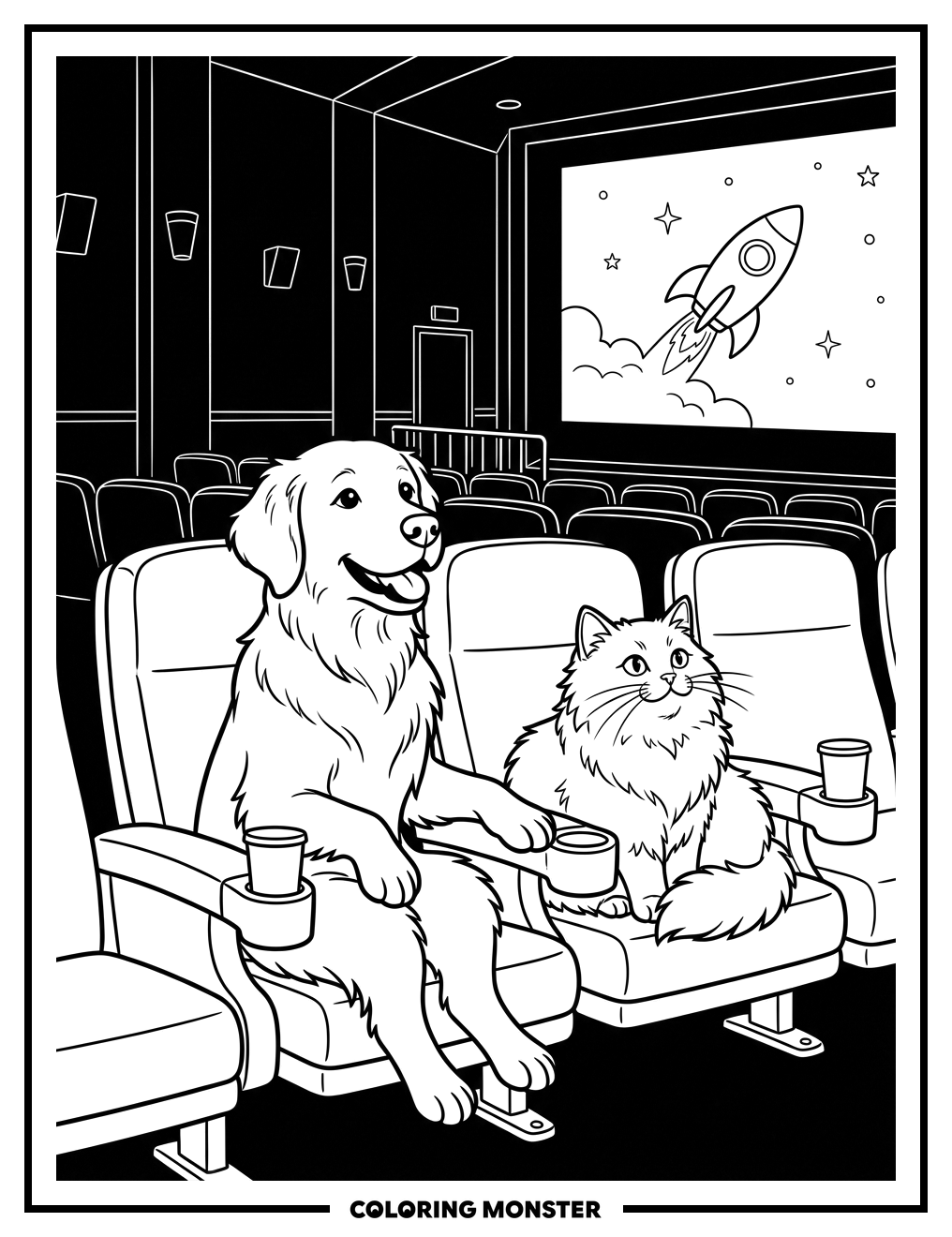 Dog and Cat at the Movies Coloring Page
