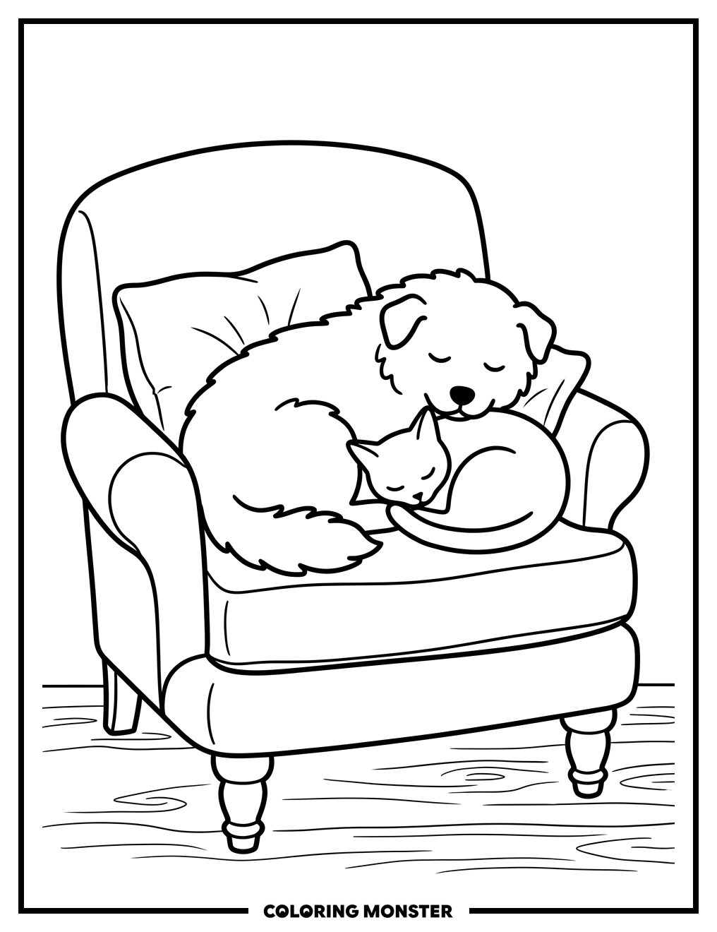 Dog and Cat Napping Together Coloring Page
