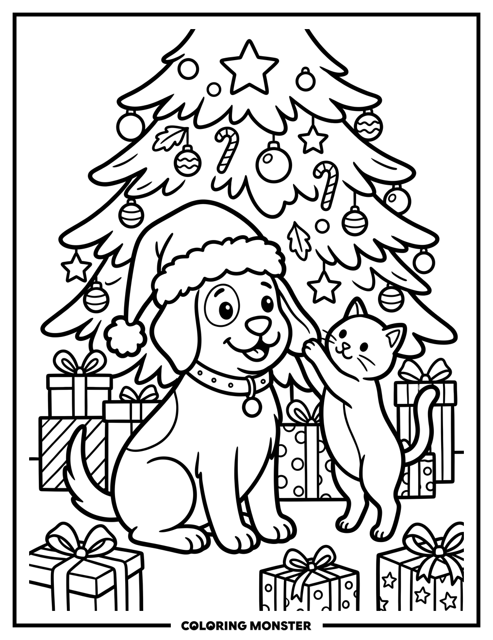 Dog and Cat With Christmas Tree Coloring Page