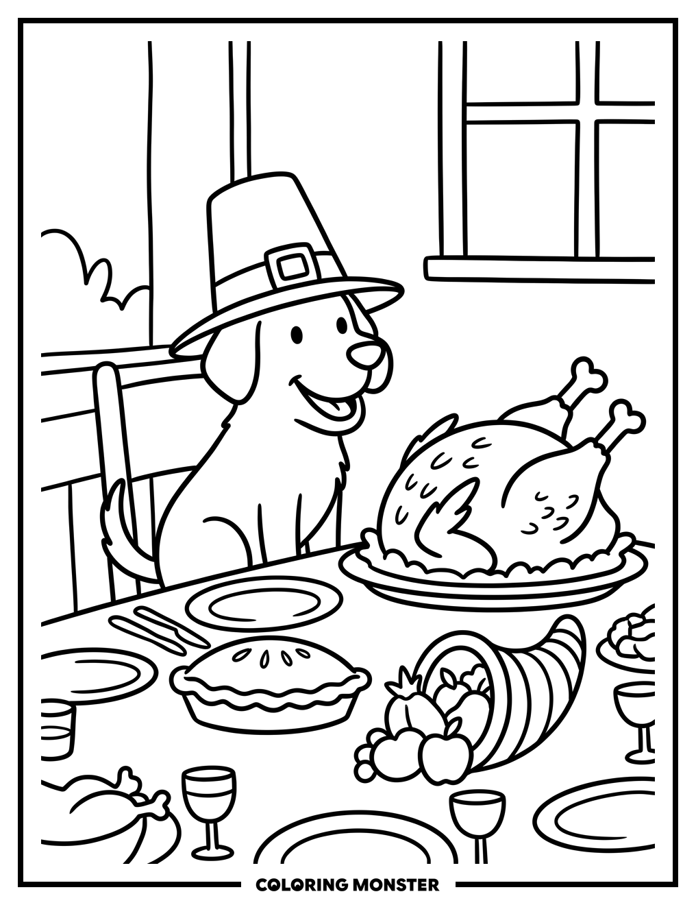 Dog and Turkey at Thanksgiving Feast Coloring Page