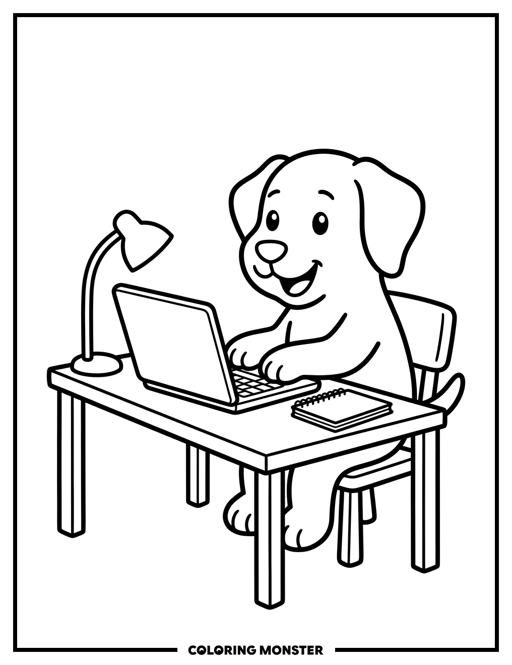 Dog At Desk With Laptop Coloring Page