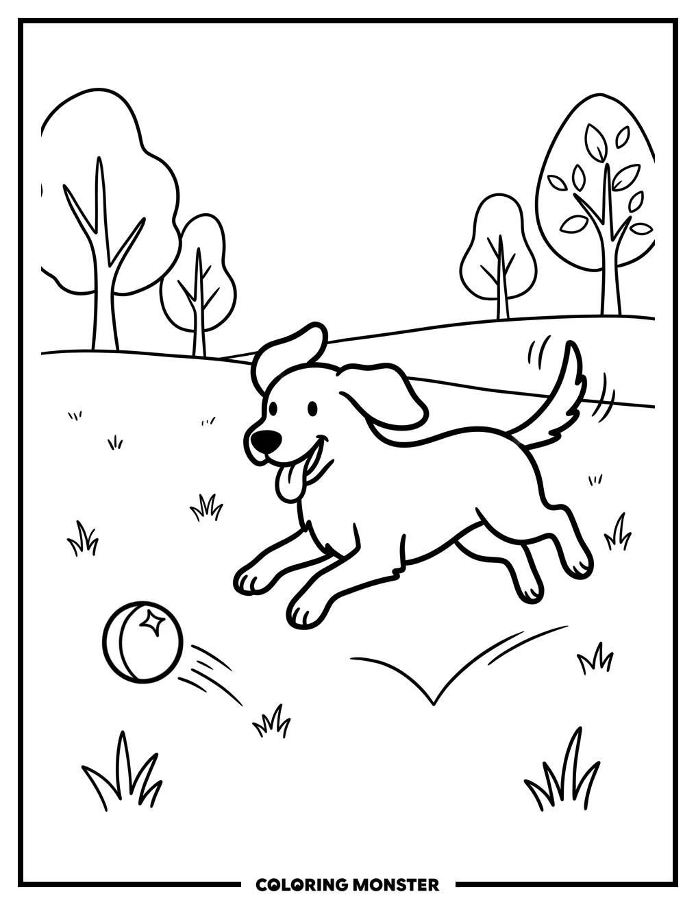 Dog Chasing Ball in Field Coloring Page
