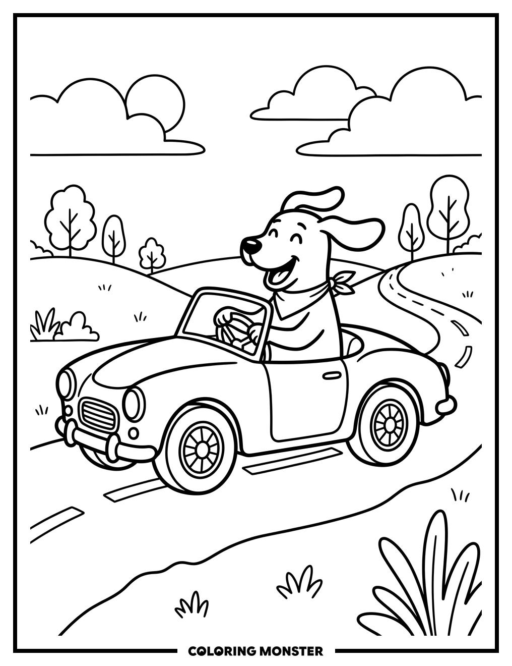 Dog Driving Classic Car Coloring Page