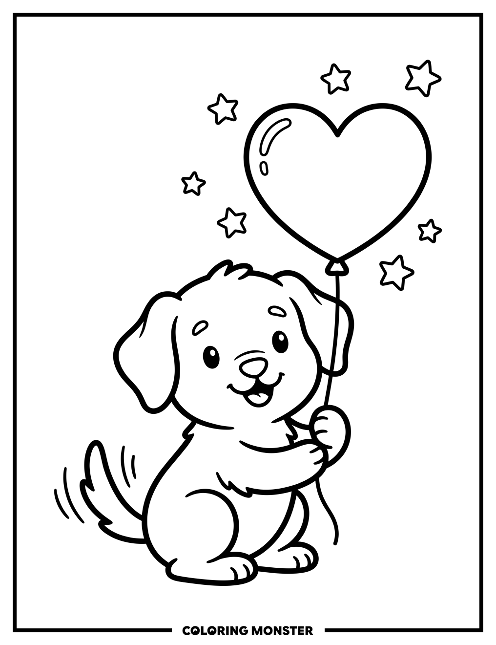 Dog Holding Heart Balloon Coloring Page