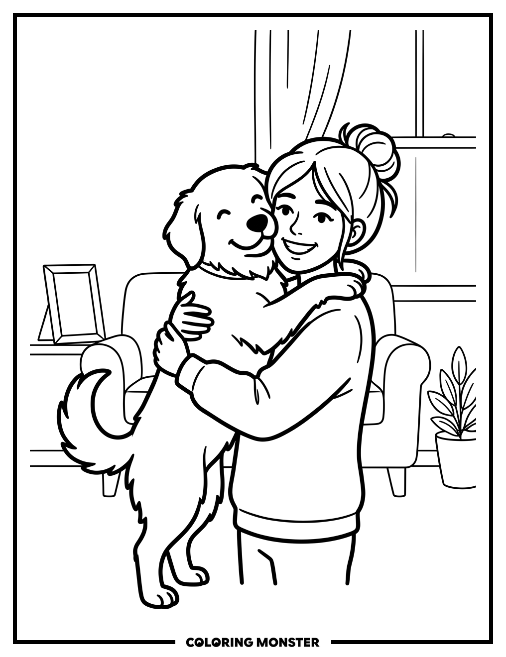 Dog Hugs Owner Coloring Page