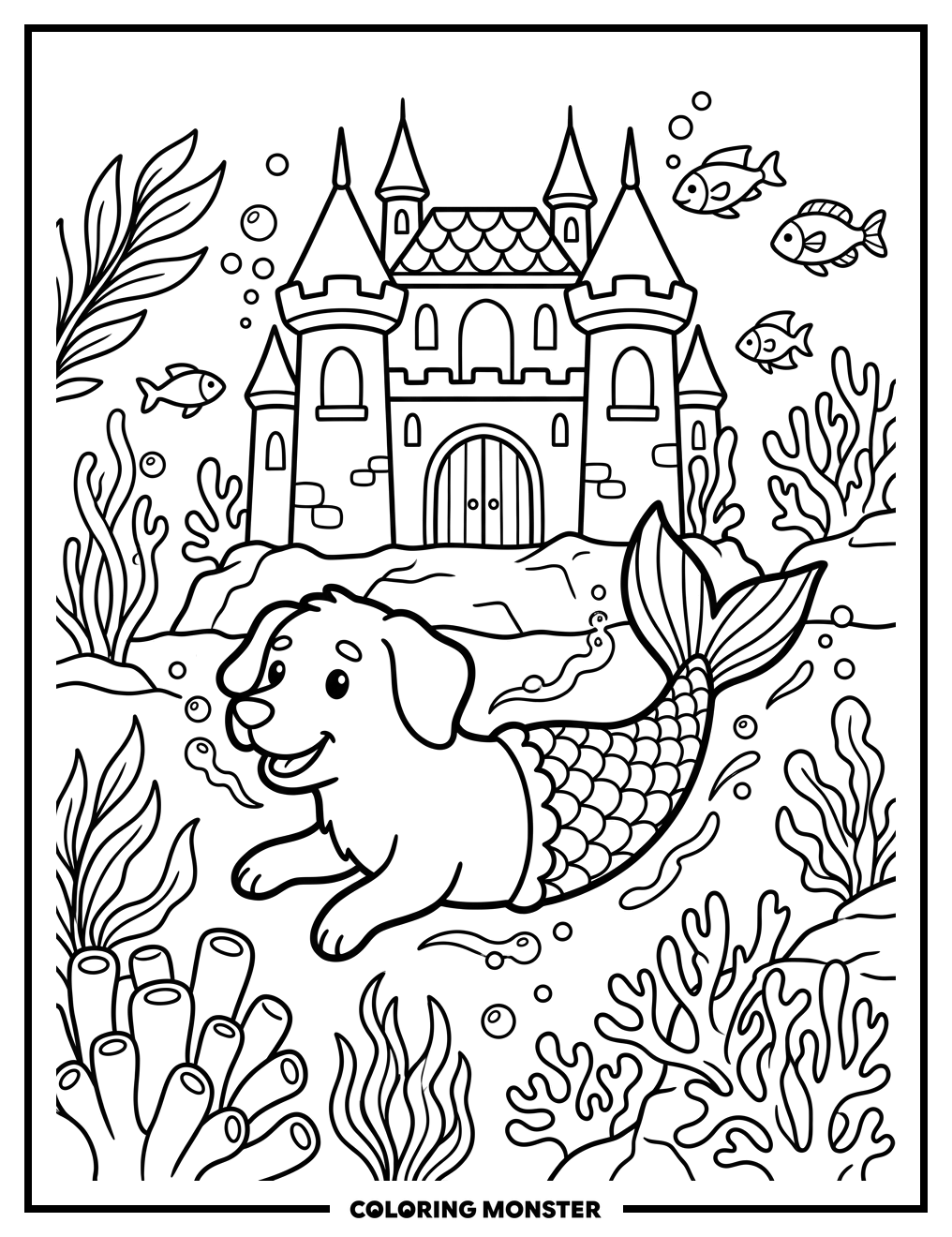 Dog Mermaid in Underwater Castle Coloring Page