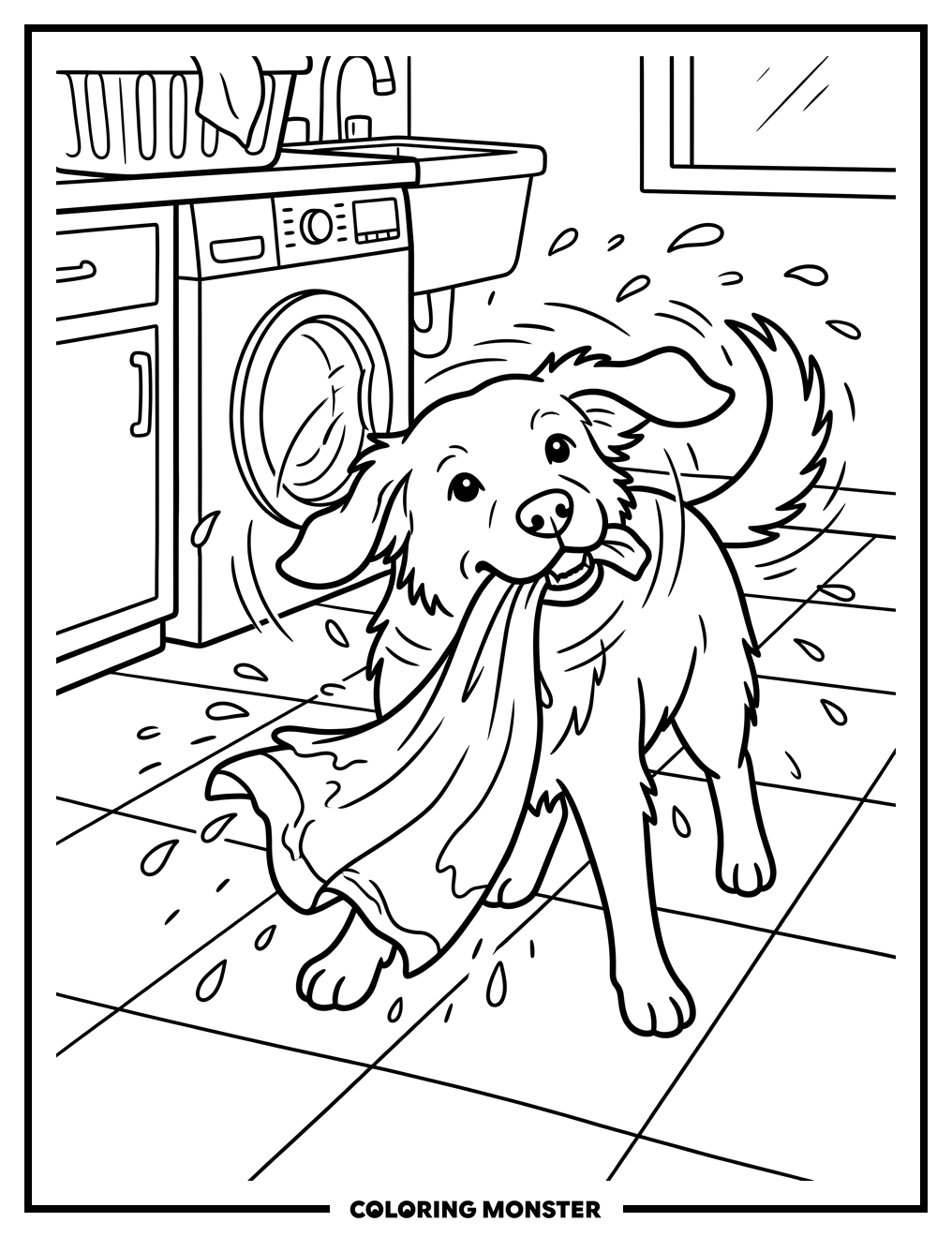 Dog Shaking a Wet Towel Coloring Page