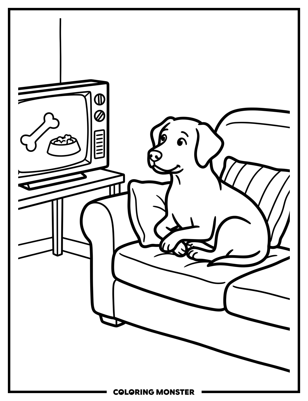 Dog Watches Television on Couch Coloring Page