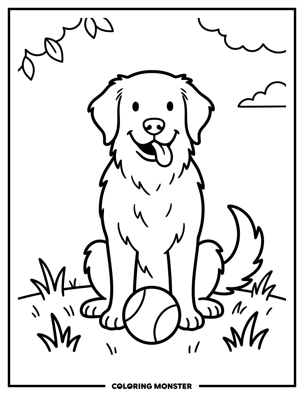 Dog With A Red Ball Coloring Page