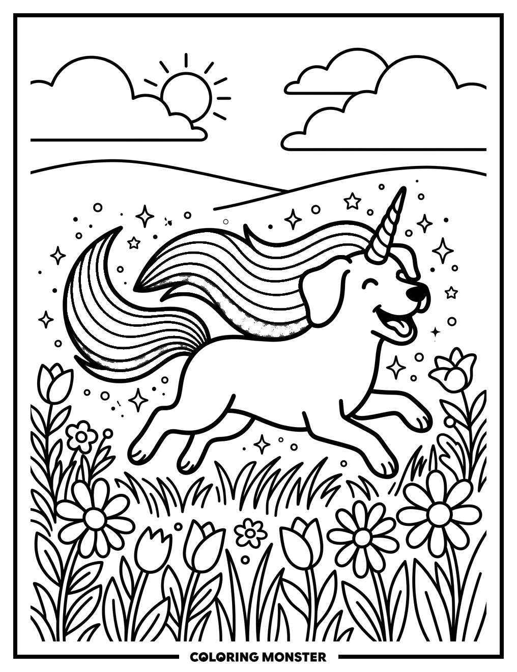 Dog with Unicorn Horn and Rainbow Mane Coloring Page