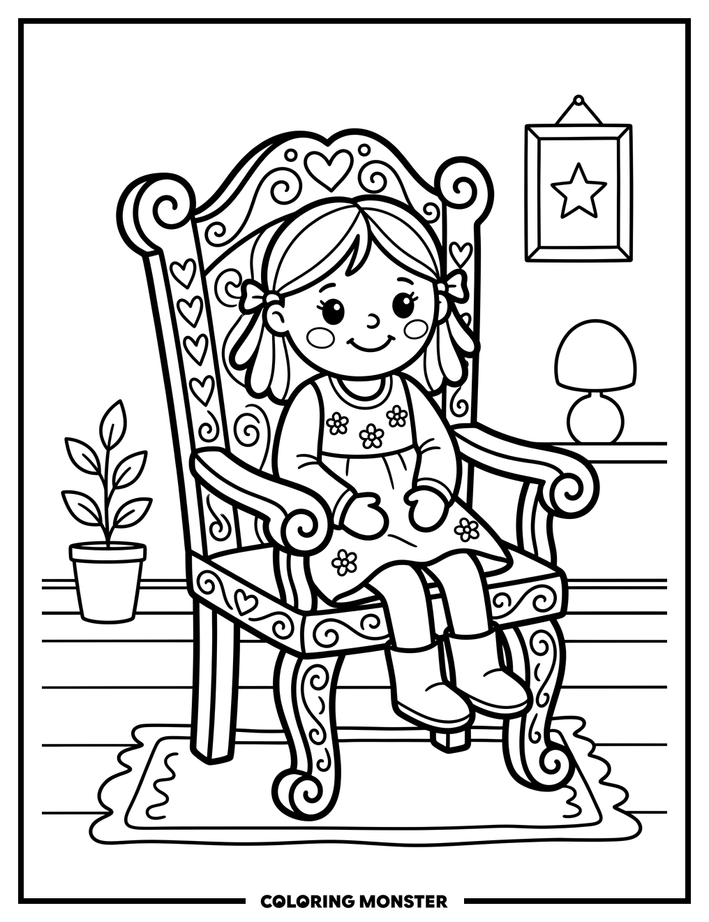 Doll Sitting in Ornate Chair Coloring Page