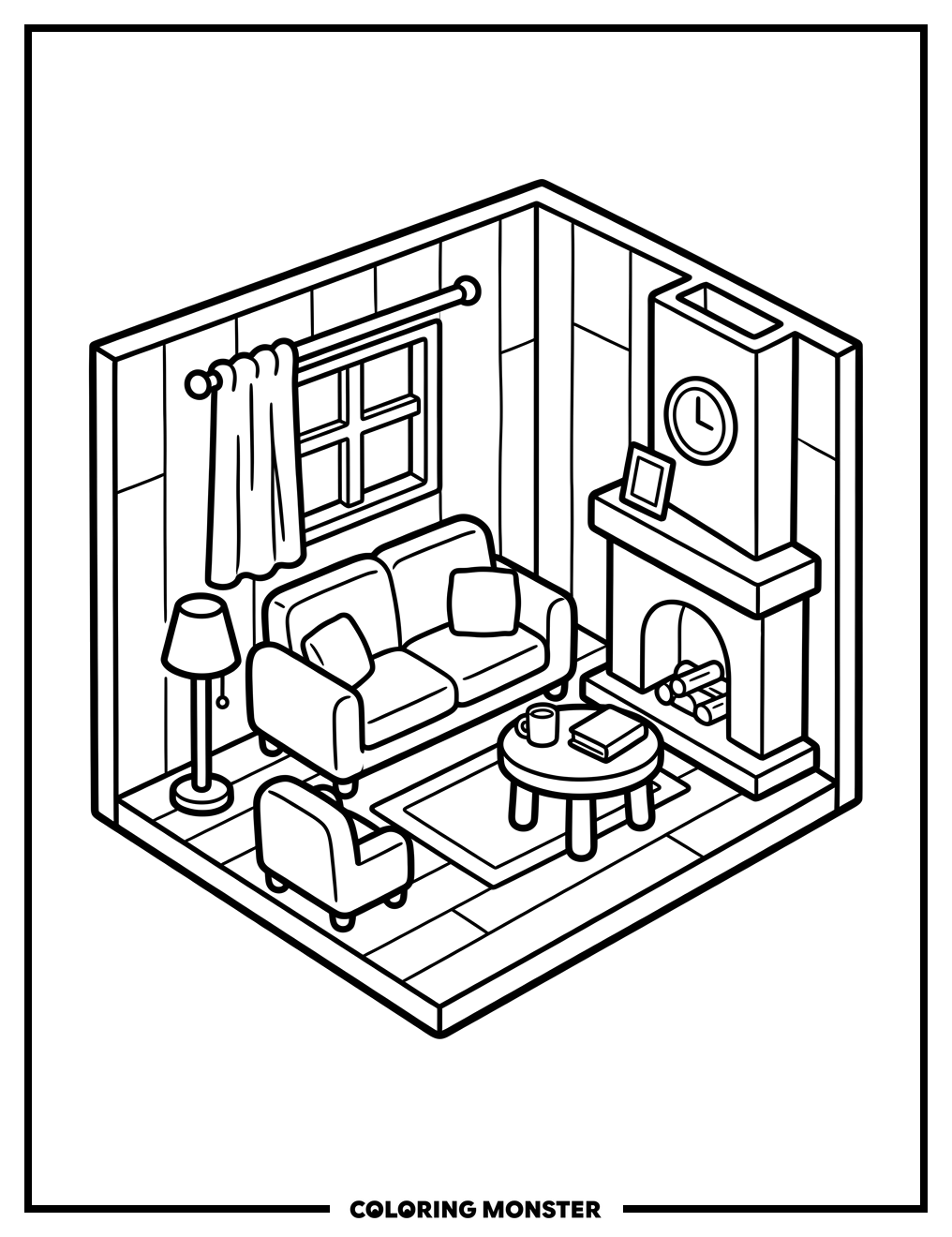 Dollhouse Interior With Tiny Furniture Coloring Page