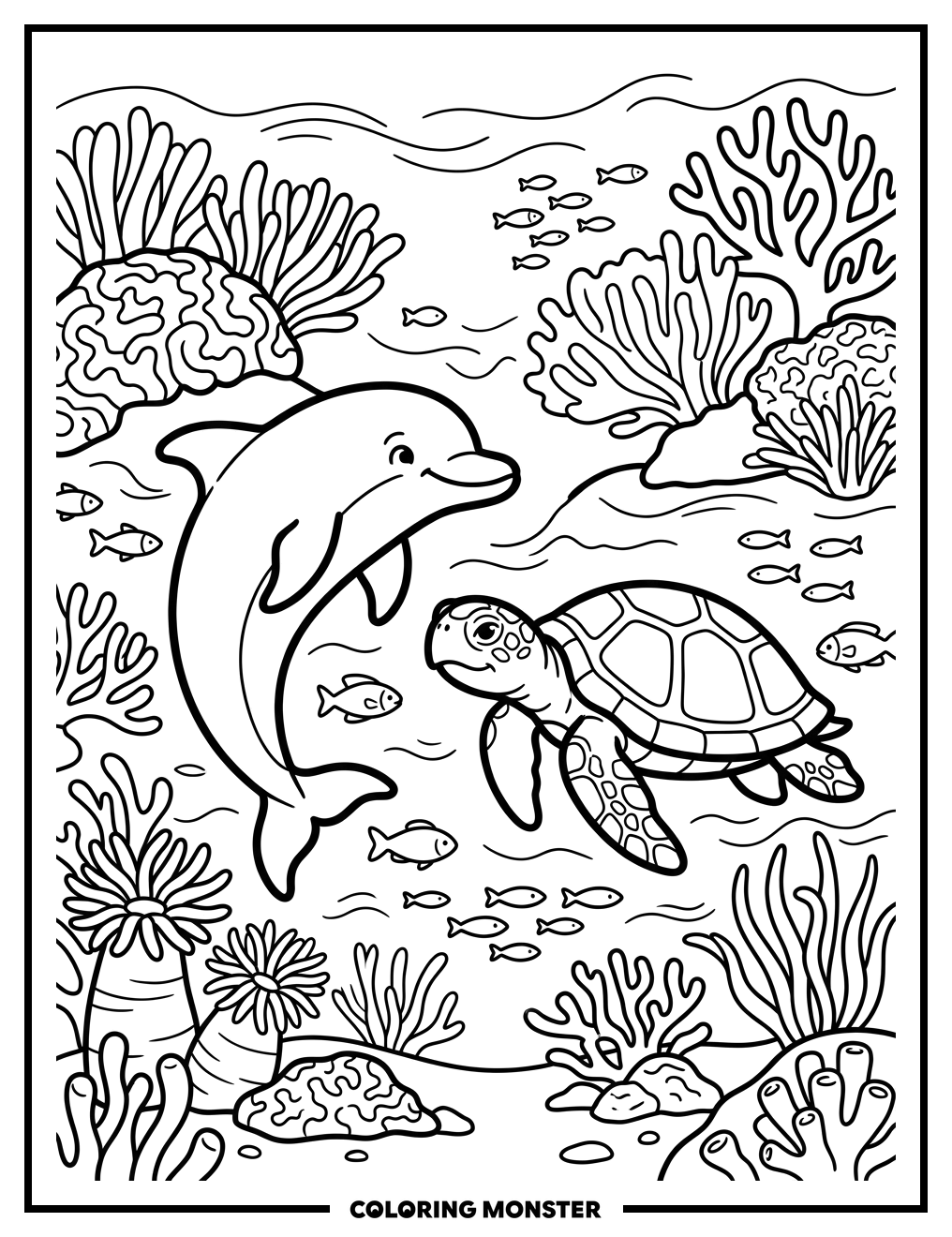 Dolphin and Turtle in Coral Reef Coloring Page