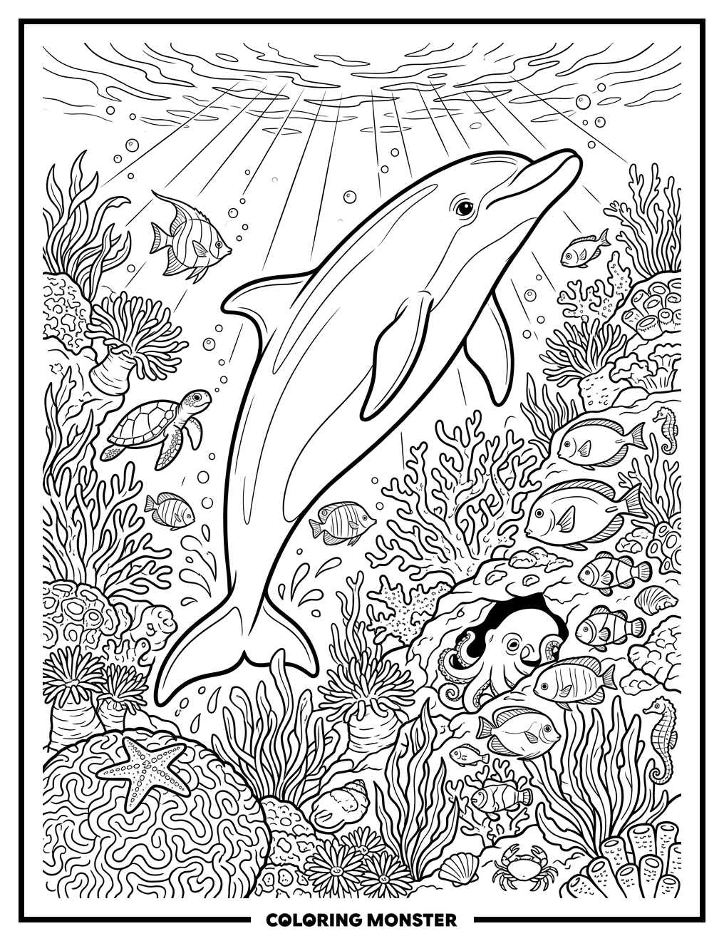 Dolphin in Coral Reef Coloring Page