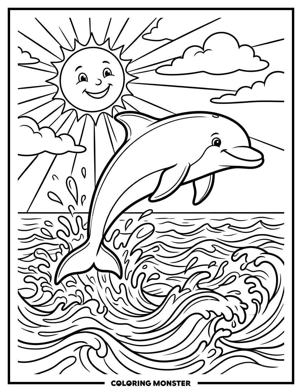 Dolphin Leaping From Ocean Waves Coloring Page