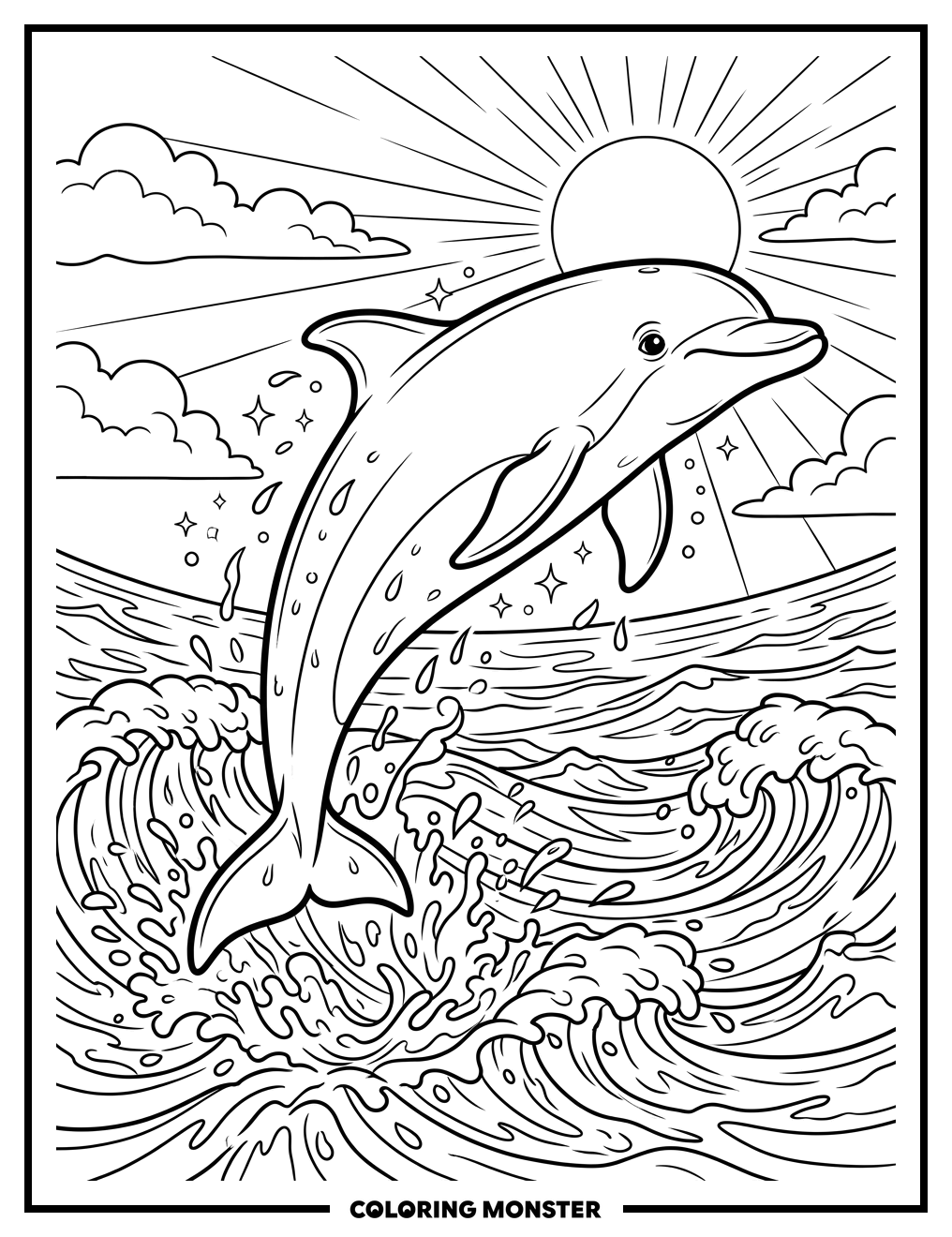Dolphin Leaping from Ocean Waves Coloring Page