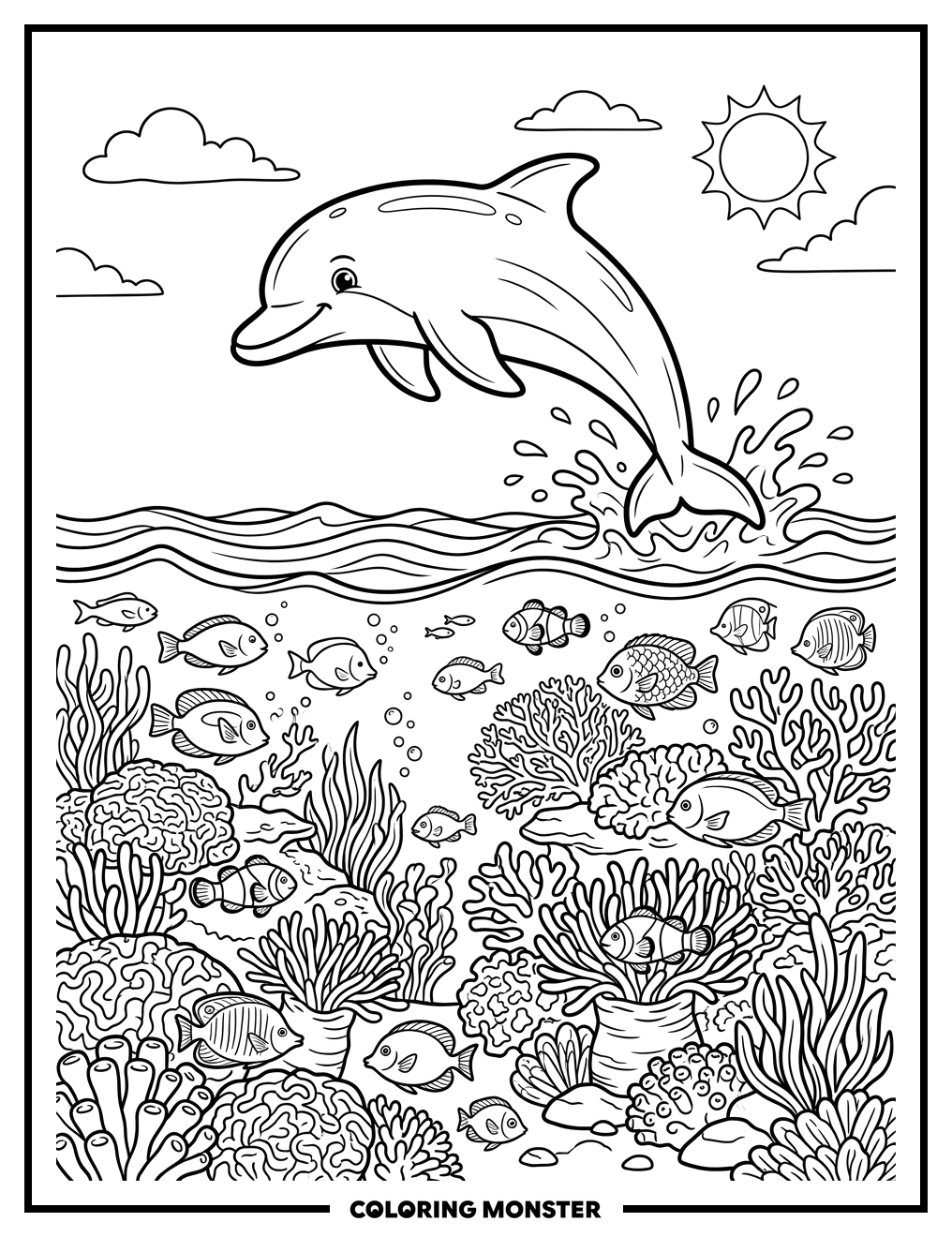 Dolphin Leaping Over Coral Reef Coloring Page