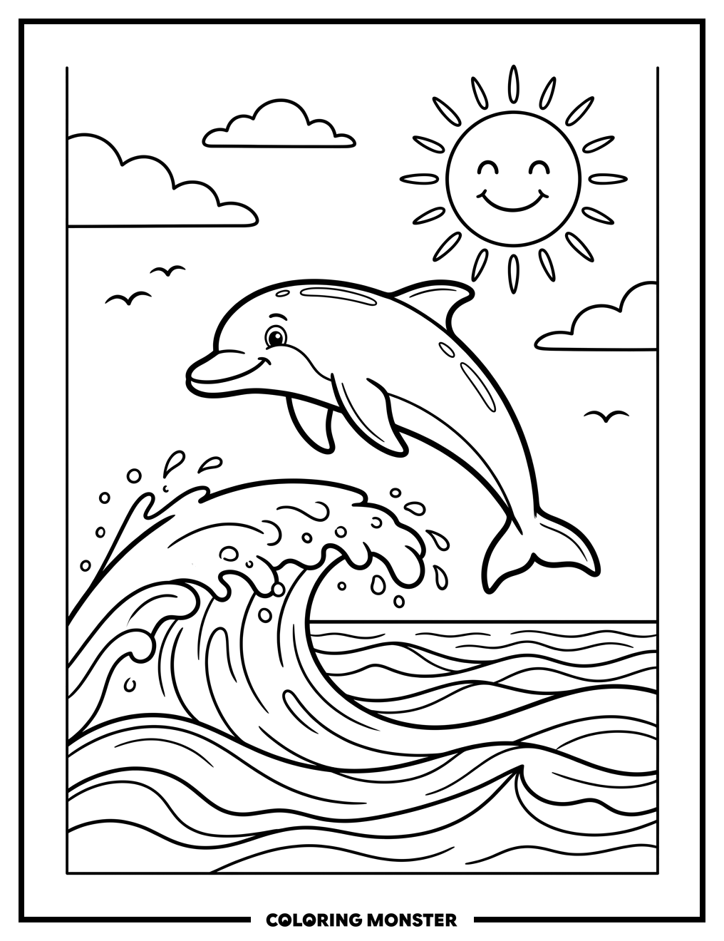 Dolphin Leaping Over Ocean Wave Coloring Page