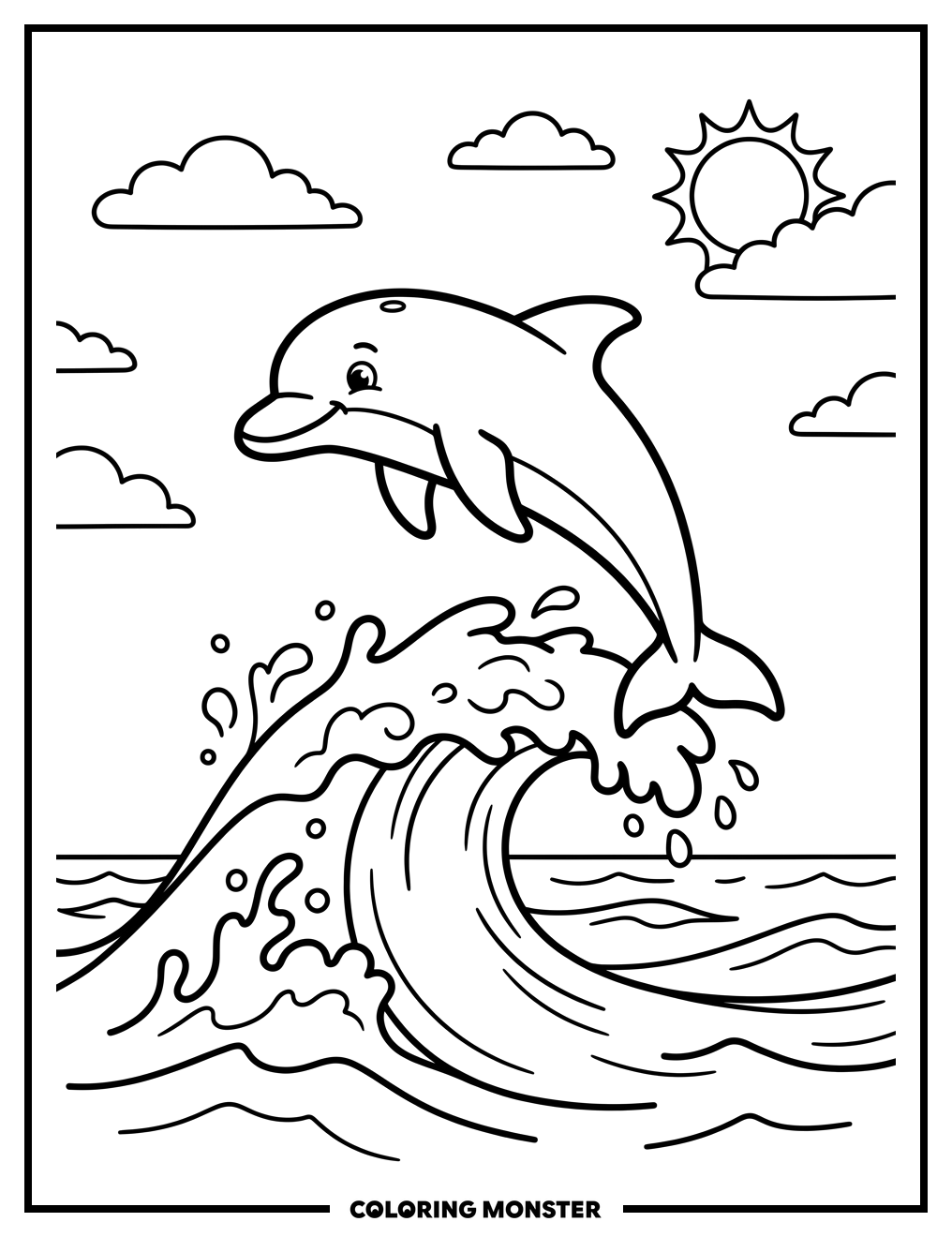 Dolphin Leaping Over Ocean Wave Coloring Page