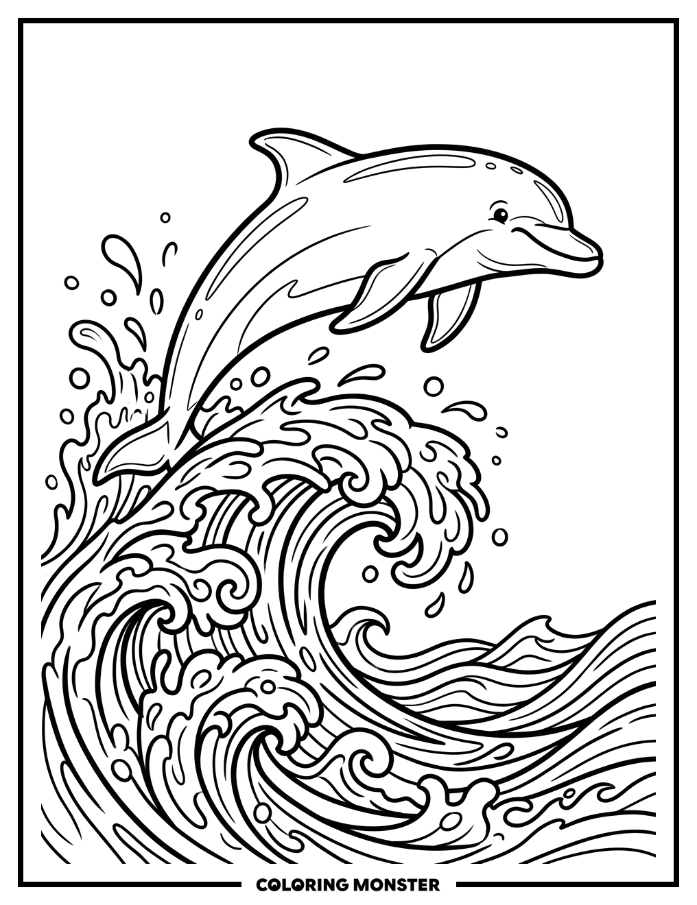 Dolphin Leaping Over Ocean Wave Coloring Page