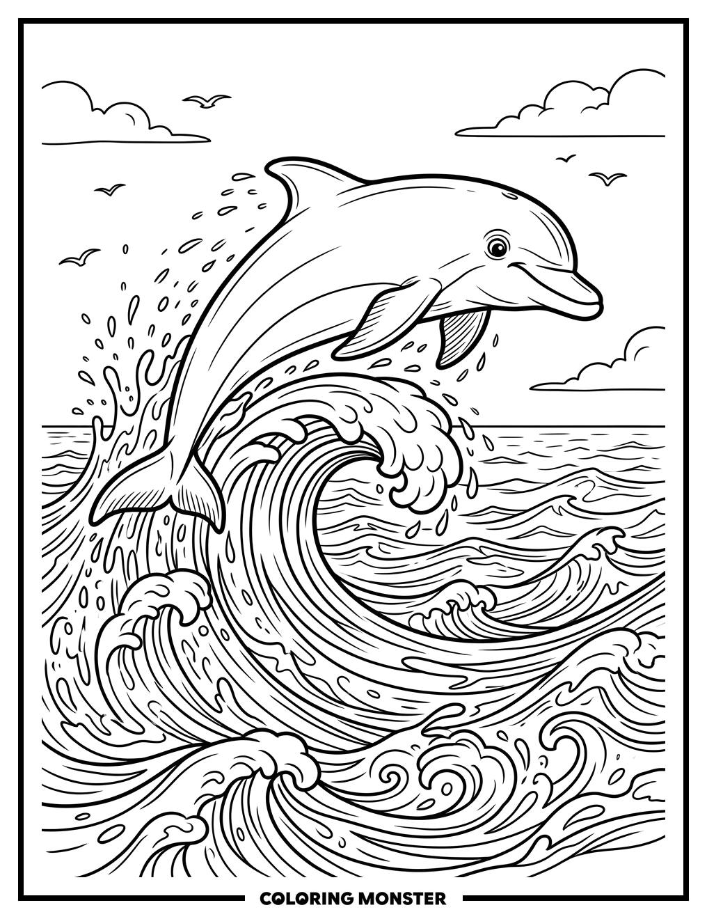 Dolphin Leaping Through Ocean Wave Coloring Page
