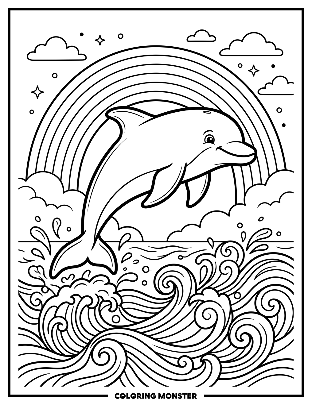 Dolphin Leaping Through Rainbow Waves Coloring Page