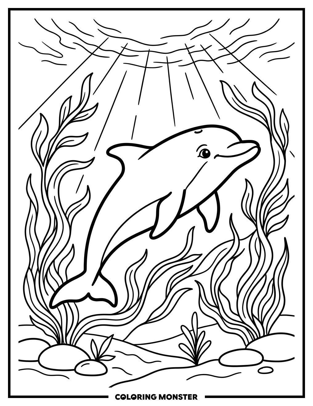 Dolphin Swimming Among Seaweed Coloring Page