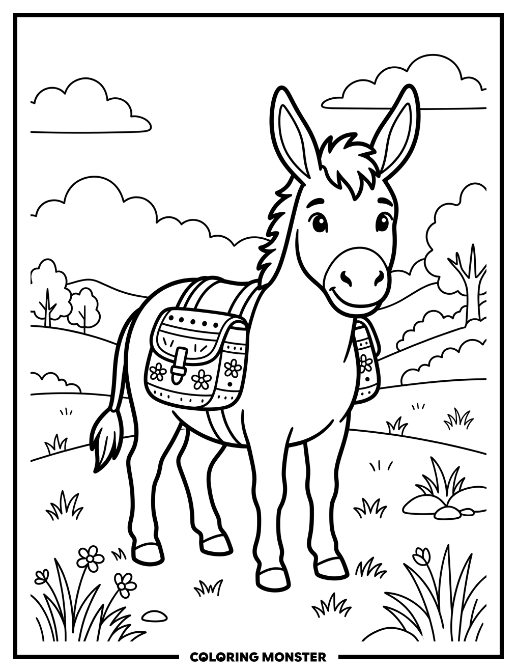 Donkey in a Grassy Field Coloring Page