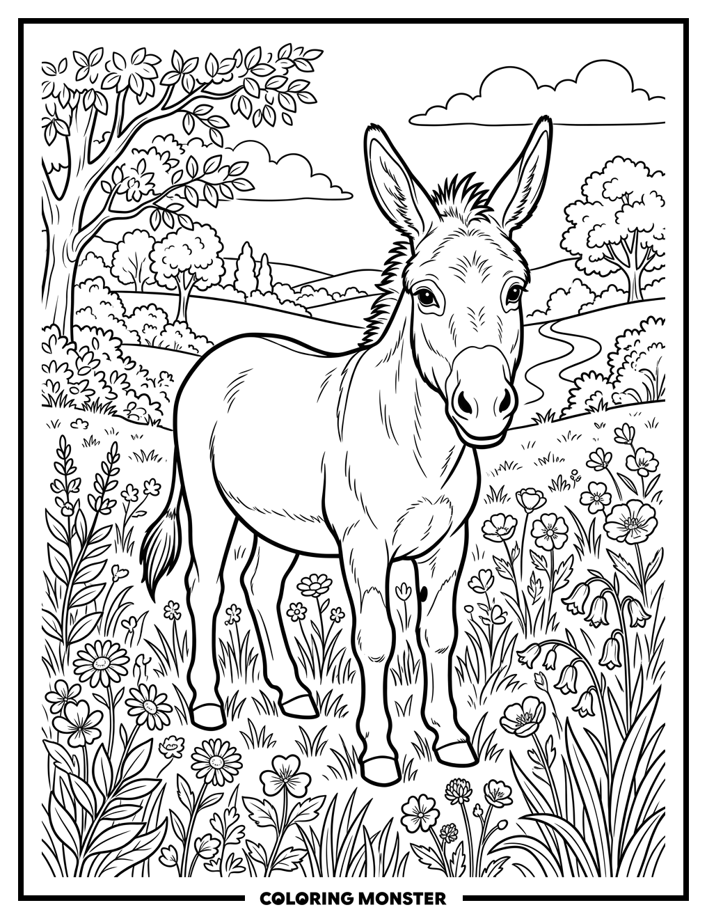 Donkey in a Wildflower Meadow Coloring Page