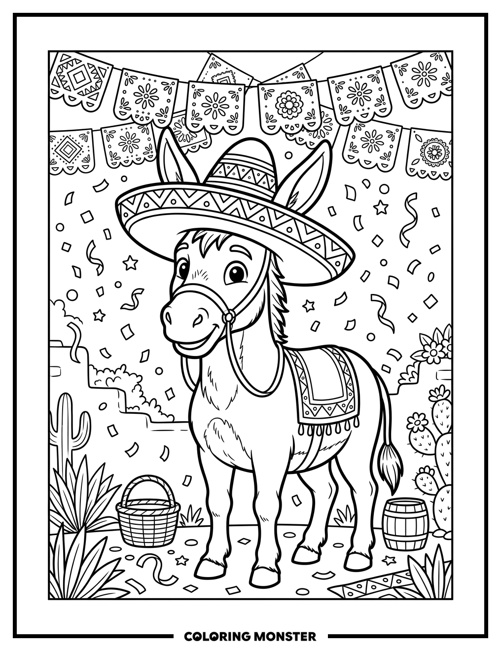 Donkey in Sombrero with Papel Picado Coloring Page