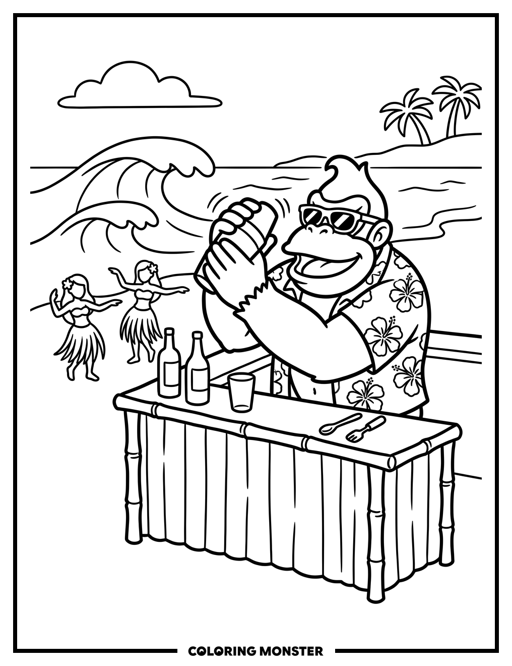 Donkey Kong Behind a Tropical Bar Coloring Page