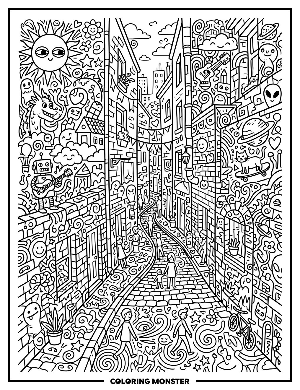 Doodle Art Alleyway Scene Coloring Page