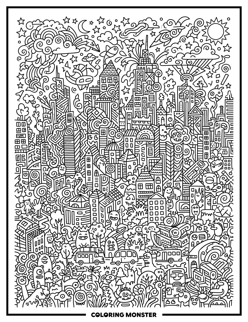 Doodle Cityscape Collage Coloring Page