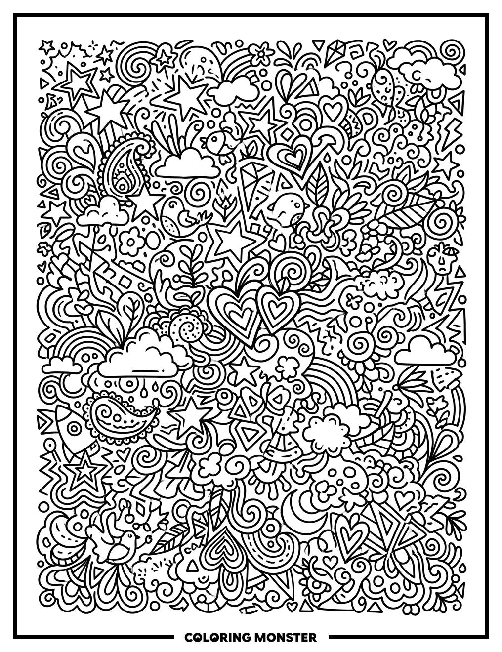 Doodle Collage of Stars, Hearts, and Clouds Coloring Page