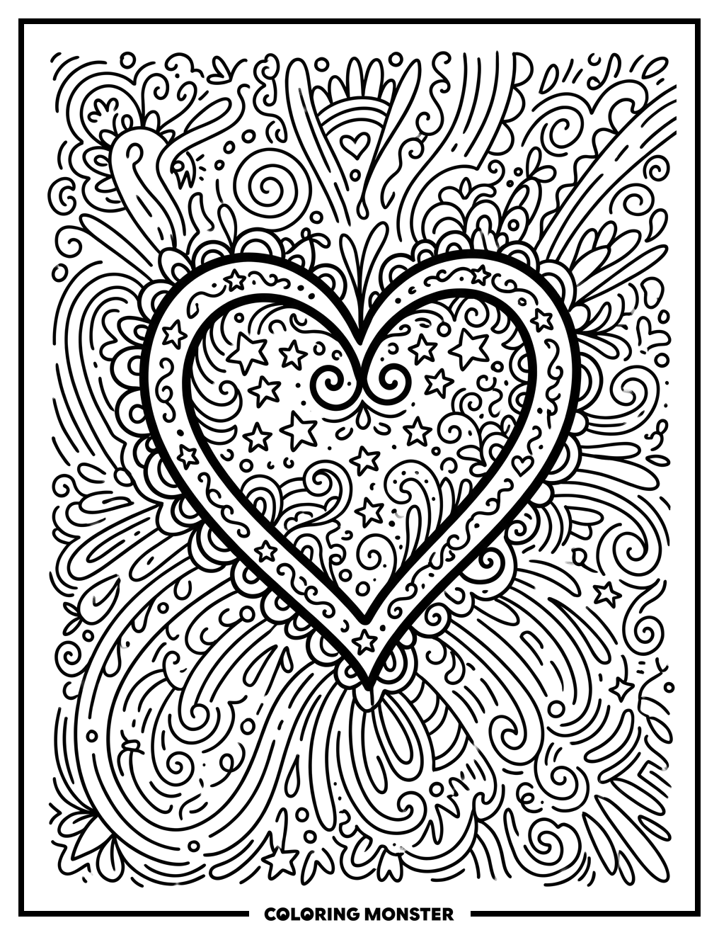 Doodle Heart with Stars Coloring Page