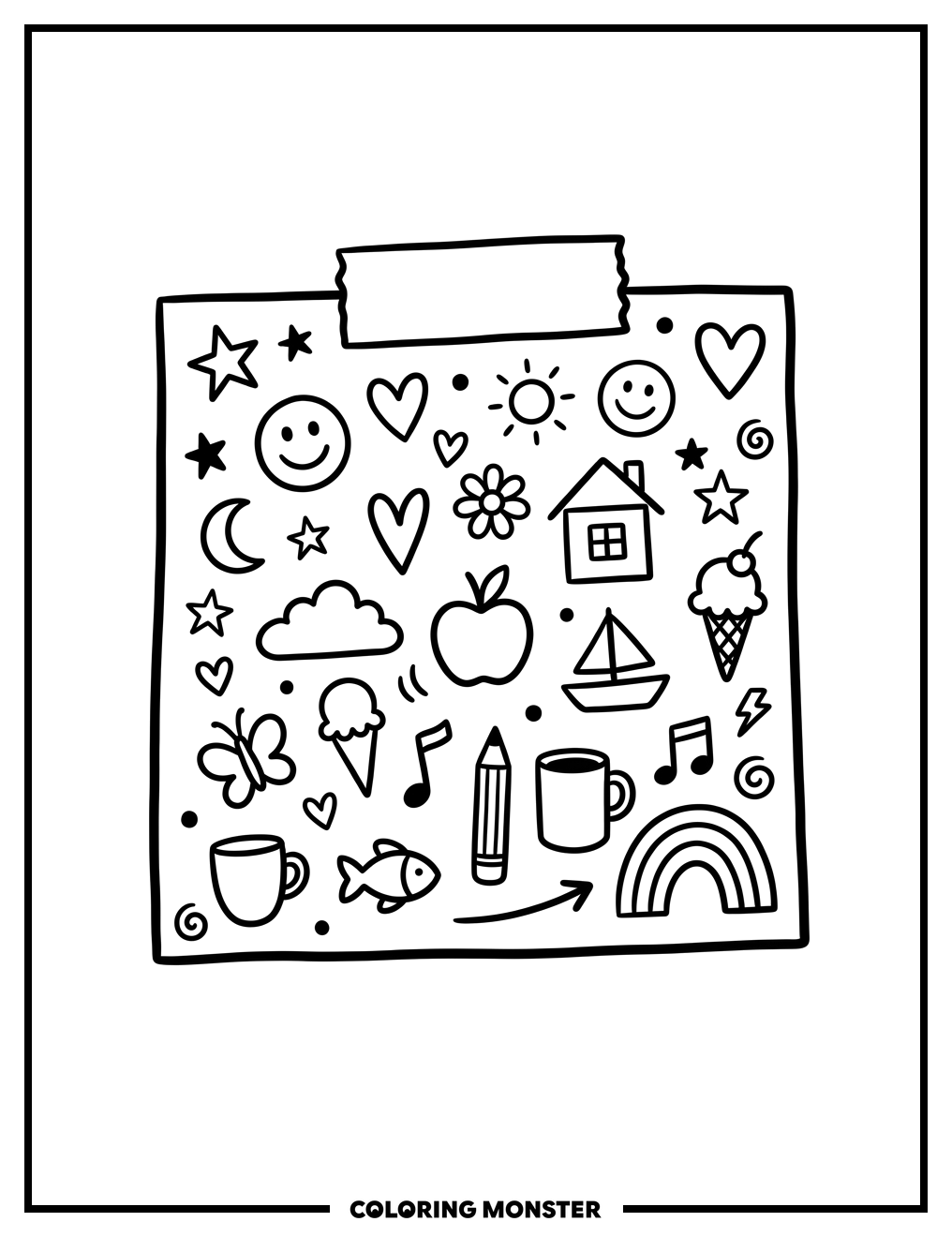 Doodles on a Yellow Sticky Note Coloring Page