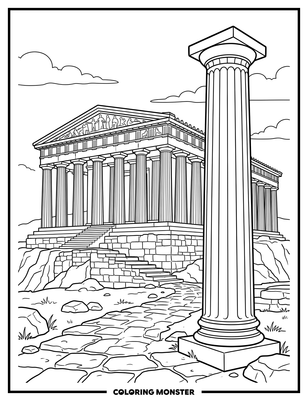 Doric Column and Parthenon Temple Coloring Page