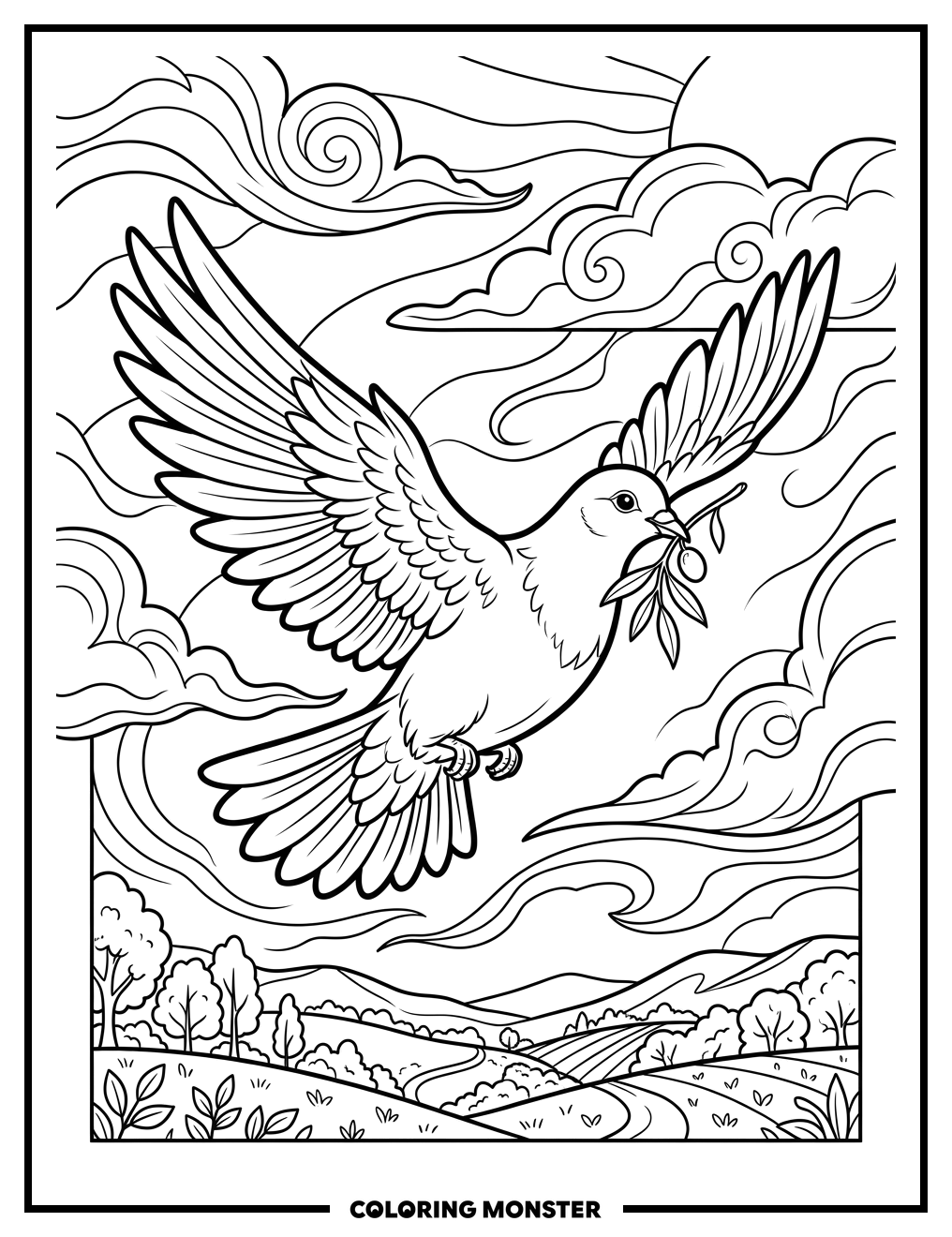 Dove Soaring With Olive Branch Coloring Page