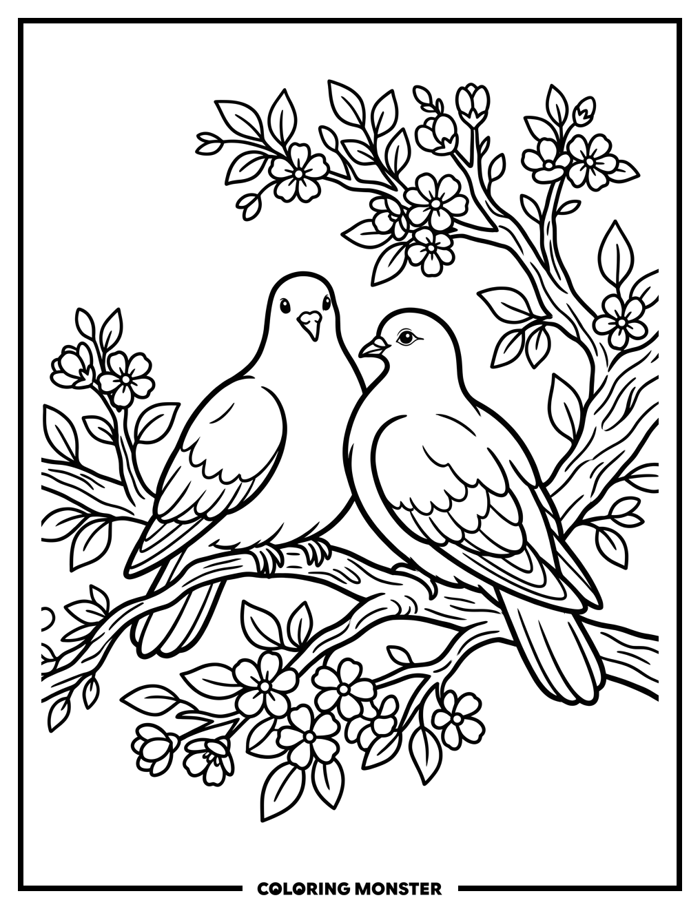 Doves on Flowering Branch Coloring Page