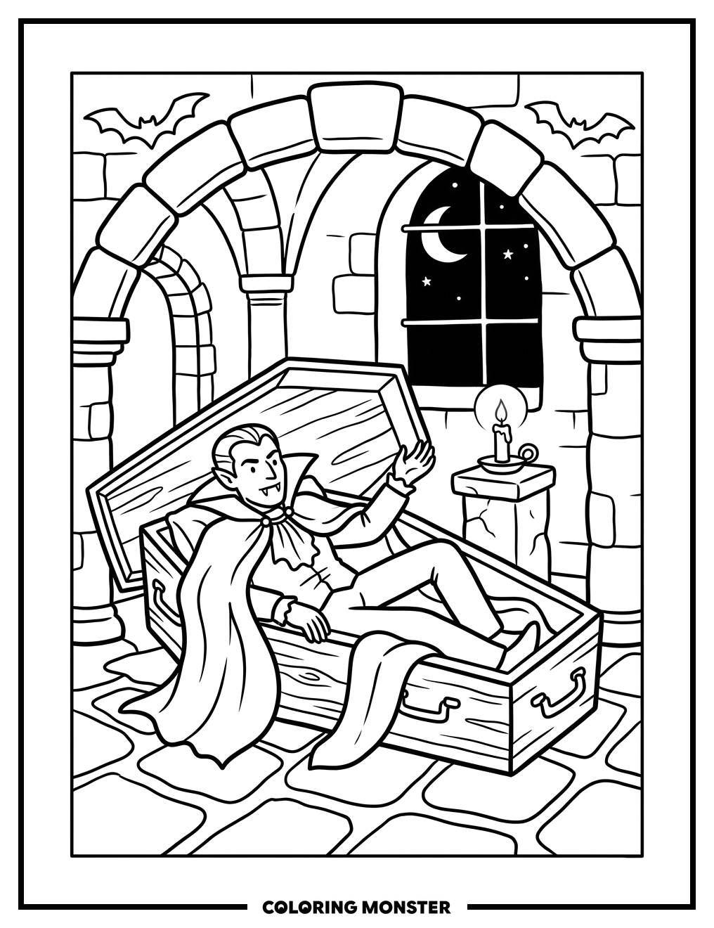 Dracula in His Coffin Coloring Page