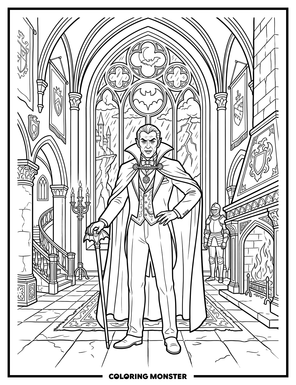 Dracula's Castle on a Stormy Night Coloring Page