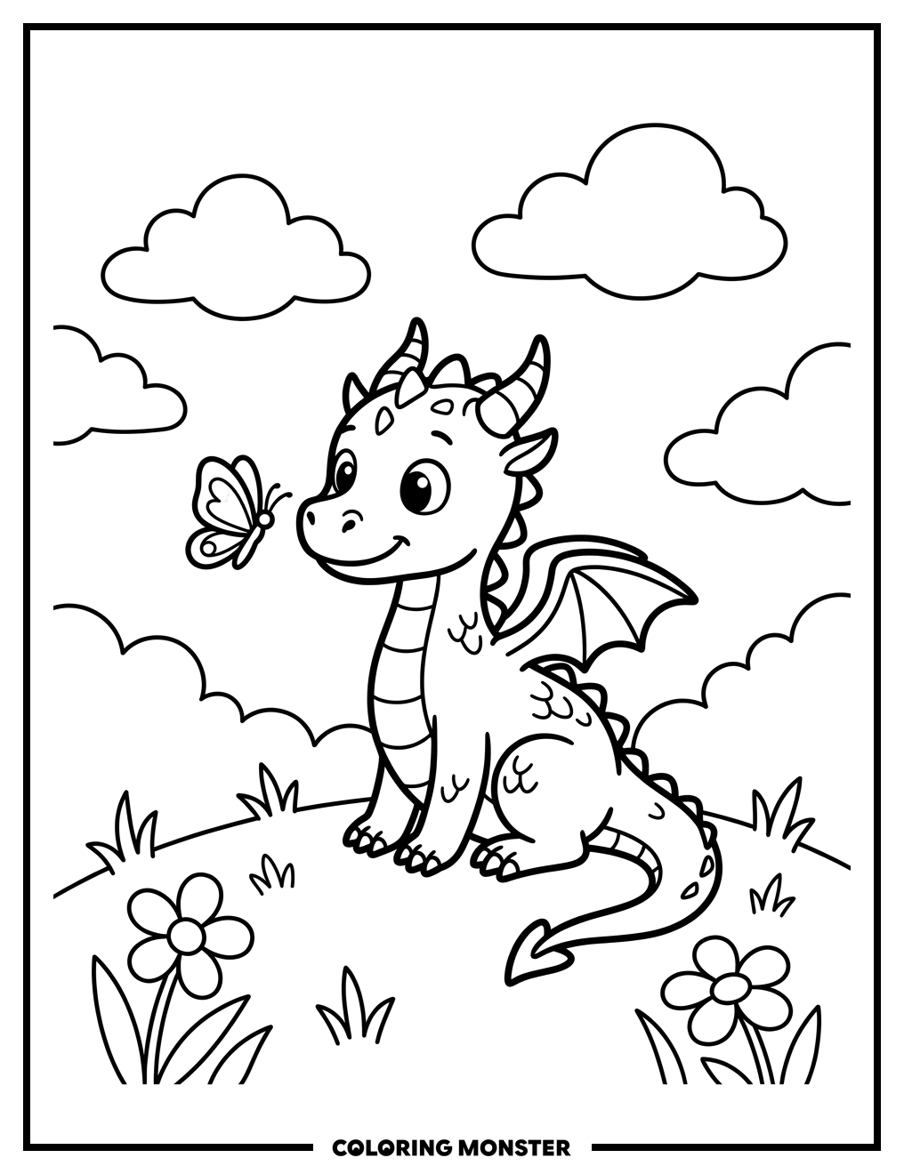 Dragon and Butterfly on Hill Coloring Page